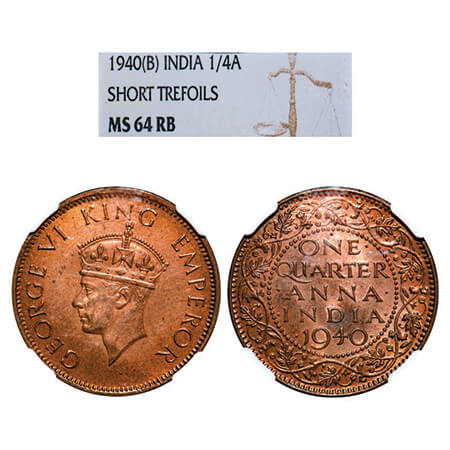 George VI, Bronze, Quarter Anna, 1940, Bombay Mint, Head Type II, Dot. GK 1426. NGC Slabbe