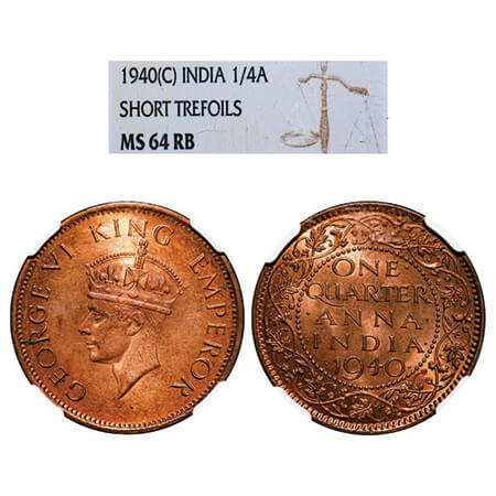 George VI, Bronze, Quarter Anna, 1940, Calcutta Mint, Head Type II, No dot. GK 1427. NGC S