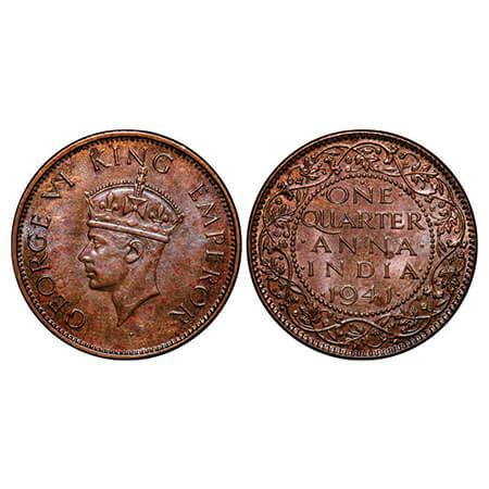 George VI, Bronze, Quarter Anna, 1941, Bombay Mint, Head Type II, Dot, Tiny Diamond shaped