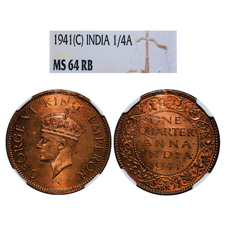 George VI, Bronze, Quarter Anna, 1941, Calcutta Mint, Head Type II, No dot. GK 1429. NGC S