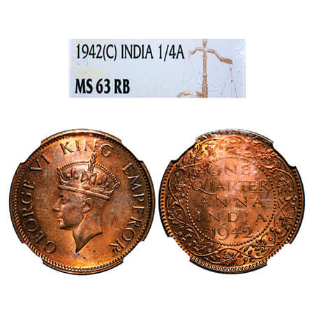 George VI, Bronze, Quarter Anna, 1942, Calcutta Mint, Head Type II, No dot. GK 1431. NGC S