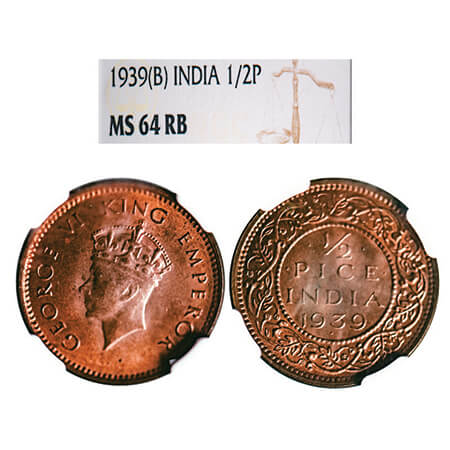 George VI, Bronze, 1/2 Pice, 1939, Bombay Mint, Head Type I, Dot. GK 1450. NGC Slabbed MS 