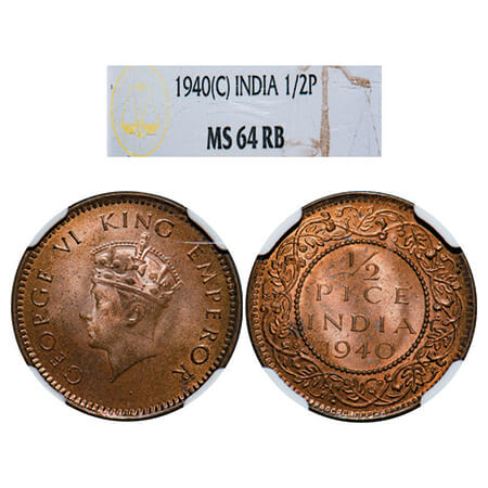 George VI, Bronze, 1/2 Pice, 1940, Calcutta Mint, Head Type I, No dot. GK 1452. NGC Slabbe