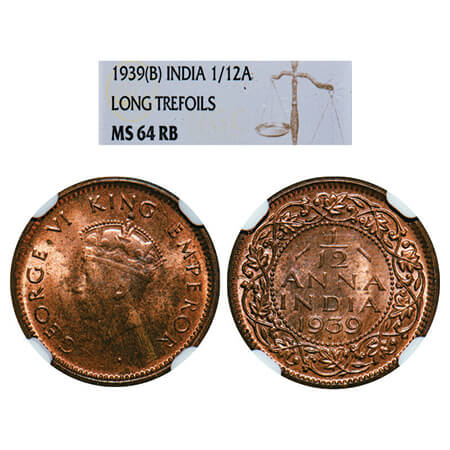 George VI, Bronze, 1/12 Anna, 1939, Bombay Mint, Head Type I, Dot. GK 1453. NGC Slabbed MS