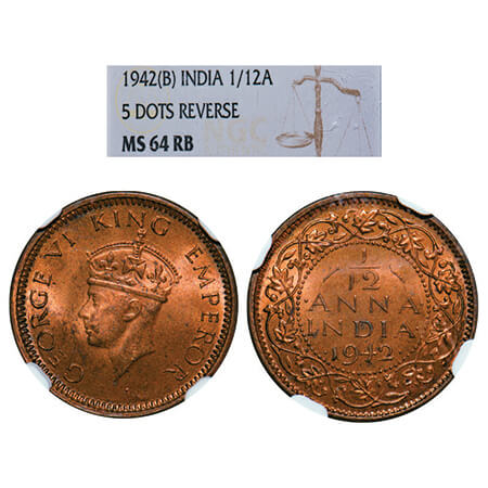 George VI, Bronze, 1/12 Anna, 1942, Bombay Mint, Head Type II, Dots by year. GK 1458, F. P