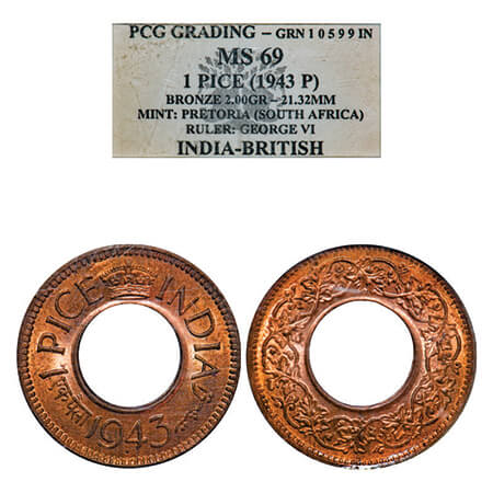 George VI, Bronze, 1 Pice, 1943, Pretoria Mint, High crown, Small dot. GK 1435, F. Prid 70