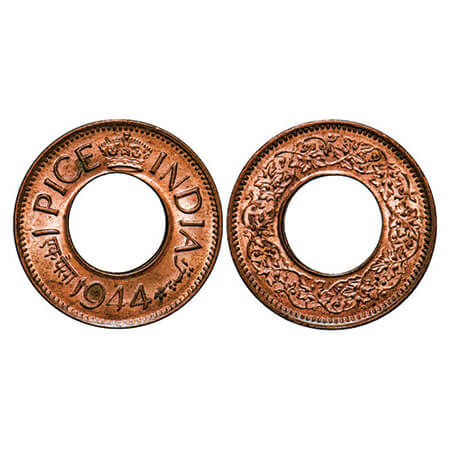 George VI, Bronze, 1 Pice, 1944, Calcutta Mint, High crown, No mint mark. GK 1440, F. Prid