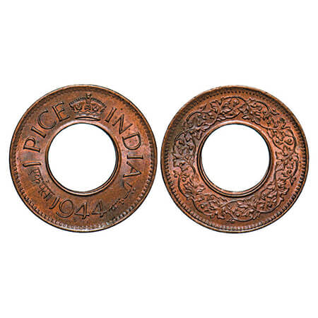 George VI, Bronze, 1 Pice, 1944, Lahore Mint, High crown, 'L' raised, Error, Bottom horizo