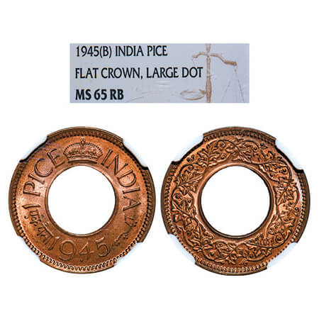 George VI, Bronze, 1 Pice, 1945, Bombay Mint, Flat crown, Dot, Large dot. GK 1443, F. Prid