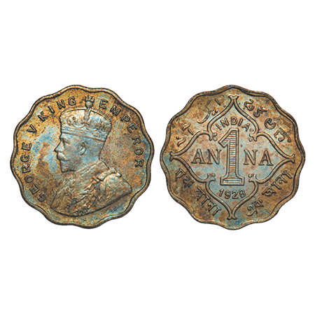 George V, Copper-Nickel, 1 Anna, 1928, Calcutta Mint, No dot. F. Prid # 934. GK 1161. Unci