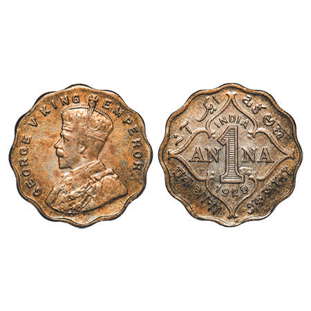 George V, Copper-Nickel, 1 Anna, 1929, Calcutta Mint, No dot, Ghost on Rev. F. Prid # 935.