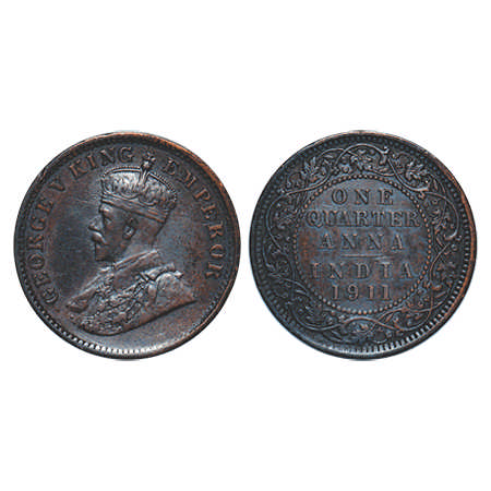 George V, Bronze, Quarter Anna, 1911, Calcutta Mint, No dot, Pig-Type. F. Prid # 656. GK 1
