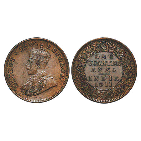George V, Bronze, Quarter Anna, 1911, Calcutta Mint, No dot, Pig-Type. F. Prid # 656. GK 1