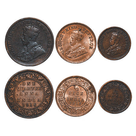 George V, Bronze, 1916, (3 coins), Quarter Anna, ½ Pice, 1/12 Anna, Calcutta Mint, No dot.
