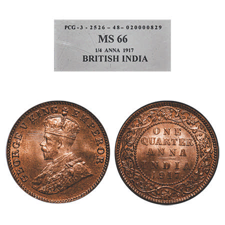 George V, Bronze, Quarter Anna, 1917, Calcutta Mint, No dot. F. Prid # 662. GK 1176. PCG S