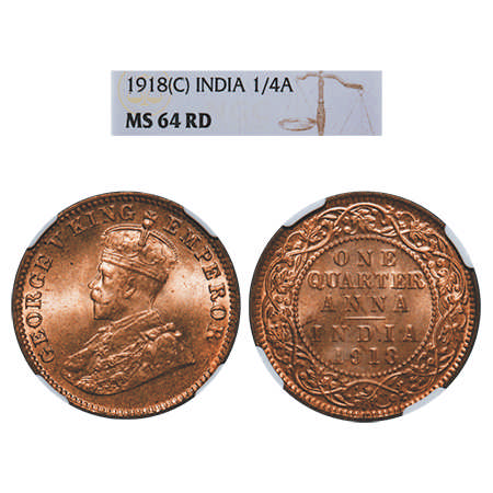 George V, Bronze, Quarter Anna, 1918, Calcutta Mint, No dot. F. Prid # 663. GK 1177. NGC S