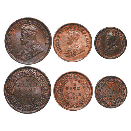 George V, Bronze, 1918, (3 coins), Quarter Anna, ½ Pice, 1/12 Anna, Calcutta Mint, No dot.