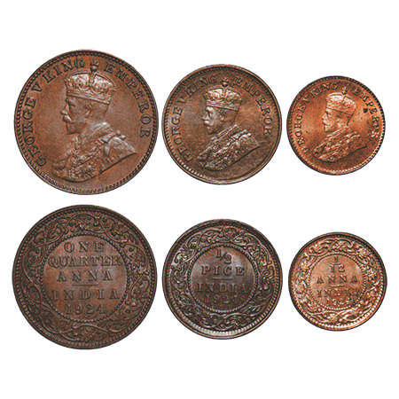 George V, Bronze, 1924, (3 coins), 1) Quarter Anna, Bombay Mint, Dot, 2) ½ Pice, Calcutta 