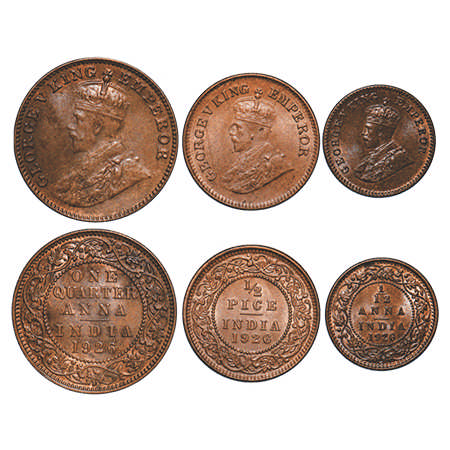 George V, Bronze, 1926, (3 coins), 1) Quarter Anna, Bombay Mint, Dot, 2) ½ Pice, Calcutta 