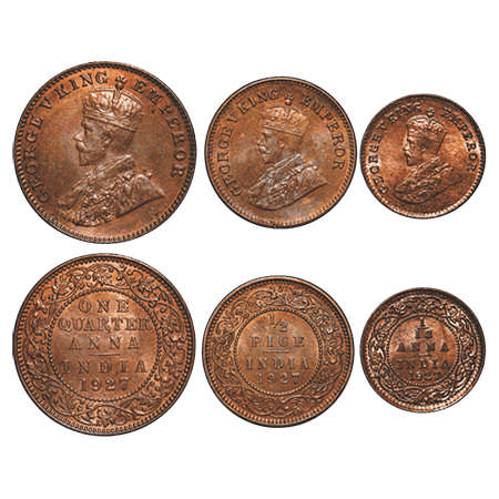 George V, Bronze, 1927, (3 coins), 1) Quarter Anna, Bombay Mint, Dot, 2) ½ Pice, Calcutta 