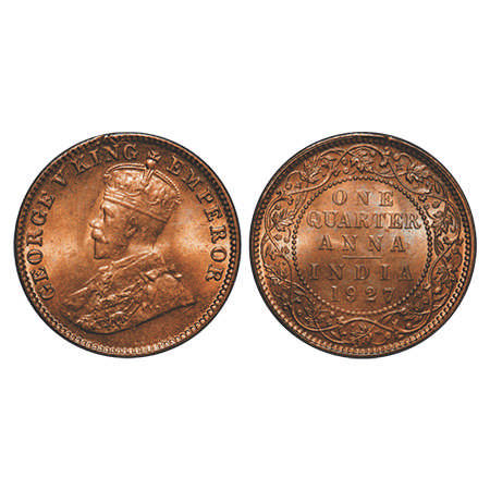 George V, Bronze, Quarter Anna, 1927, Calcutta Mint, No dot. F. Prid # 668. GK 1186. Uncir