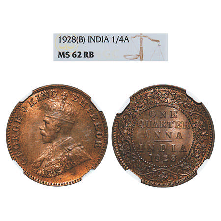 George V, Bronze, Quarter Anna, 1928, Bombay Mint, Dot. F. Prid # 681. GK 1187. NGC Slabbe
