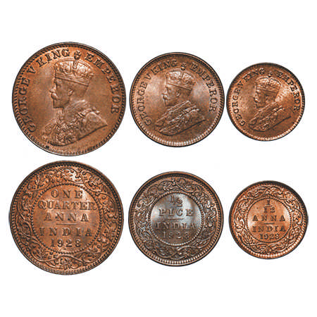 George V, Bronze, 1928, (3 coins), 1) Quarter Anna, Bombay Mint, Dot, 2) ½ Pice, Calcutta 