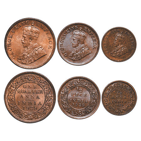George V, Bronze, 1929, (3 coins), Quarter Anna, ½ Pice, 1/12 Anna, Calcutta Mint, No dot.