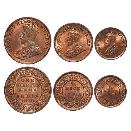 George V, Bronze, 1930, (3 coins), 1) Quarter Anna, Bombay Mint Dot, 2) ½ Pice, Calcutta M