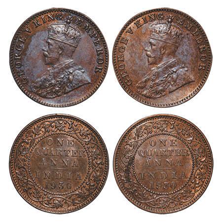 George V, Bronze, Quarter Anna, (2 coins), 1930, Bombay Mint, Dot, 1) Less space in betwee