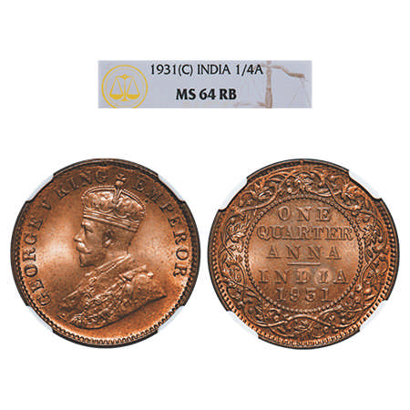 George V, Bronze, Quarter Anna, 1931, Calcutta Mint, No dot. F. Prid # 672. GK 1192. NGC S