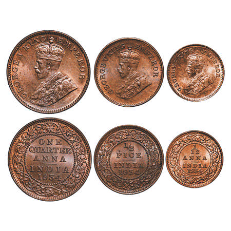 George V, Bronze, 1934, Quarter Anna, (3 coins), ½ Pice, 1/12 Anna, Calcutta Mint, No dot.