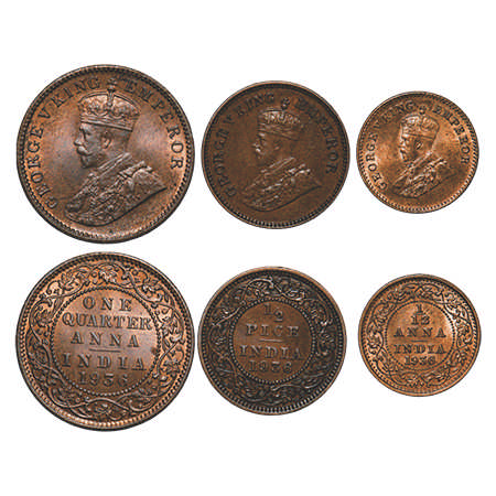 George V, Bronze, 1936, Quarter Anna, (3 coins), ½ Pice, 1/12 Anna, Calcutta Mint, No dot.
