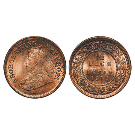George V, Bronze, ½ Pice, 1914, Calcutta Mint, No mint mark. F. Prid # 747. GK 1200. Uncir