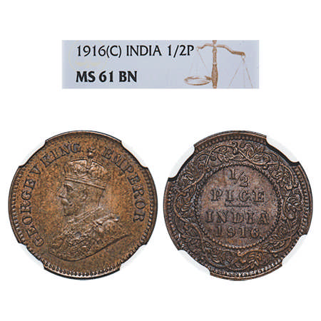 George V, Bronze, ½ Pice, 1916, Calcutta Mint, No mint mark. F. Prid # 749. GK 1202. NGC S