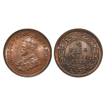 George V, Bronze, ½ Pice, 1922, Calcutta Mint, No mint mark. F. Prid # 755. GK 1208. Uncir