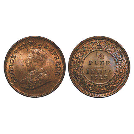George V, Bronze, ½ Pice, 1923, Calcutta Mint, No mint make. F. Prid # 756. GK 1209. Rainb