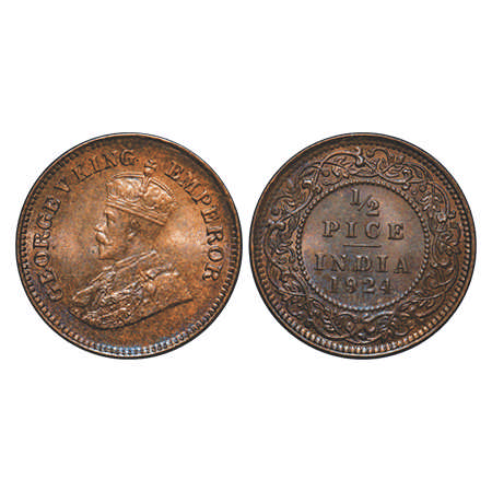 George V, Bronze, ½ Pice, 1924, Calcutta Mint, No mint mark. F. Prid # 757. GK 1210. Uncir