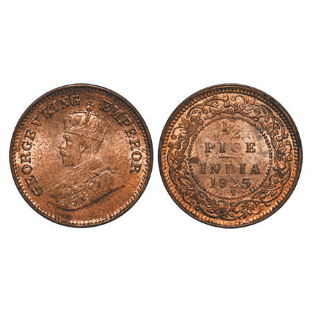 George V, Bronze, ½ Pice, 1925, Cacutta Mint, No mint mark. F. Prid # 758. GK 1211. Uncirc