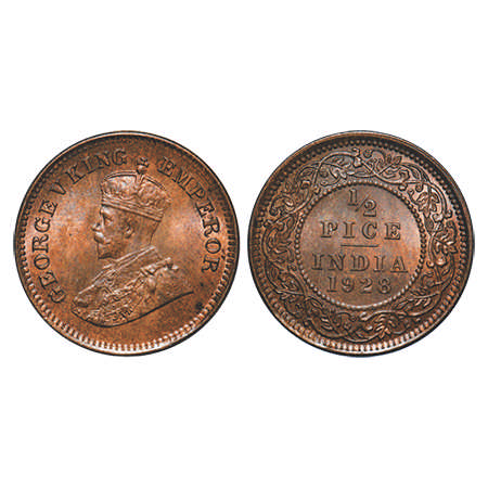 George V, Bronze, ½ Pice, 1928, Calcutta Mint, No mint mark. F. Prid # 761. GK 1214. Uncir