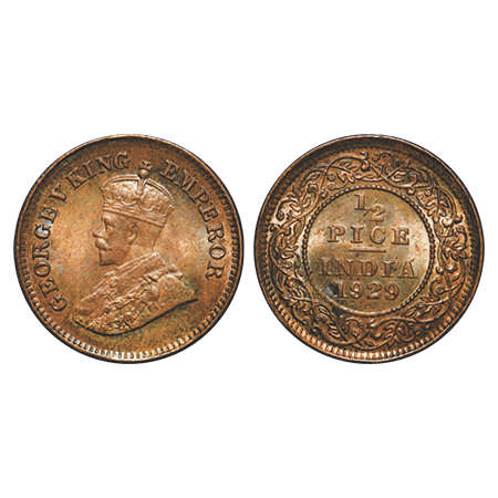 George V, Bronze, ½ Pice, 1929, Calcutta Mint, No mint mark. F. Prid # 762. GK 1215. Rainb