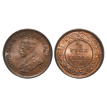 George V, Bronze, ½ Pice, 1930, Calcutta Mint, No mint mark. F. Prid # 763. GK 1216. Uncir