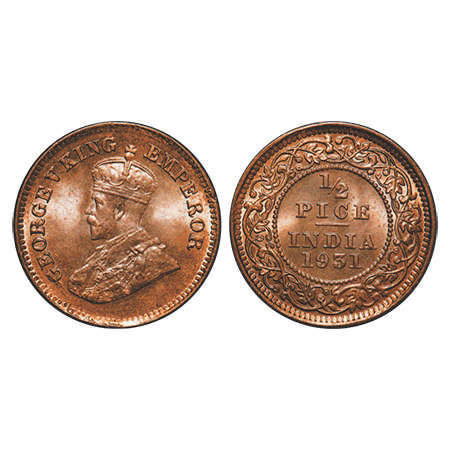 George V, Bronze, ½ Pice, 1931, Calcutta Mint, No mint mark. F.Prid # 764. GK 1217. Brilli