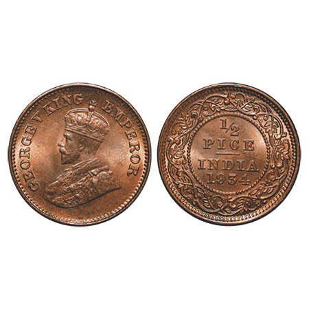 George V, Bronze, ½ Pice, 1934, Calcutta Mint, No mint mark. F. Prid # 767. GK 1220. Uncir