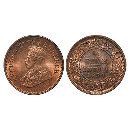 George V, Bronze, ½ Pice, 1936, Calcutta Mint, No mint mark. F. Prid # 769. GK 1222. Uncir