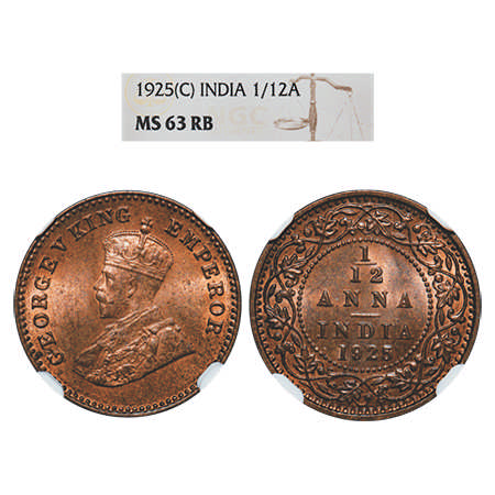 George V, Bronze, 1/12 Anna, 1925, Calcutta Mint, No dot. F. Prid # 839. GK 1238. NGC Slab