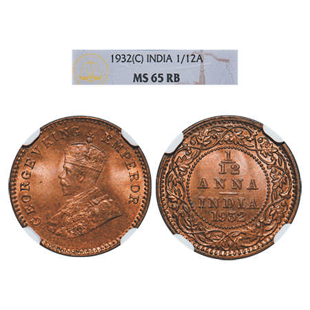 George V, Bronze, 1/12 Anna, 1932, Calcutta Mint, No dot. F. Prid # 846. GK 1248. NGC Slab