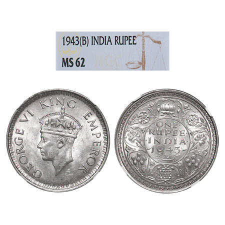 George VI, Half Silver, Rupee, 1943, Bombay Mint, A(b)/II, Diamond, Security edge, Small 3