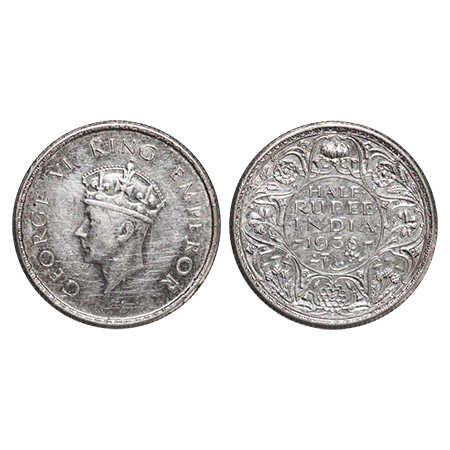 George VI, Silver, Half Rupee, 1938, Bombay Mint, A/I, Head Type I, Dot, Milled edge. F. P
