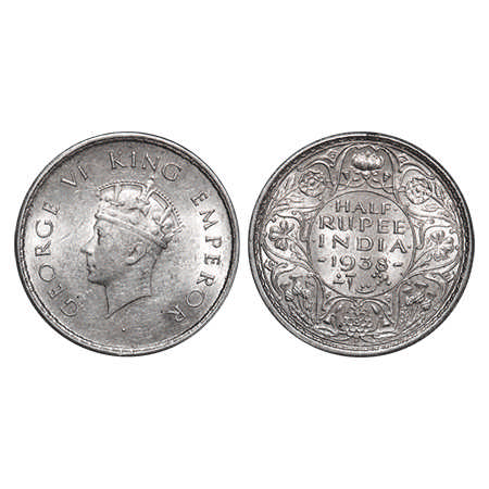 George VI, Silver, Half Rupee, 1938, Bombay Mint, A/I, Head Type I, Dot, Milled edge. F. P